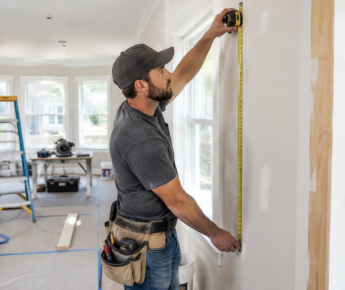 Home improvement professional measuring a wall inside a house under renovation