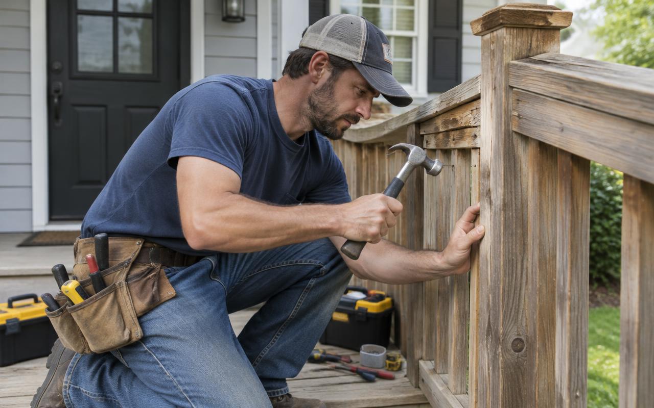 Handyman repairing a wooden porch railing